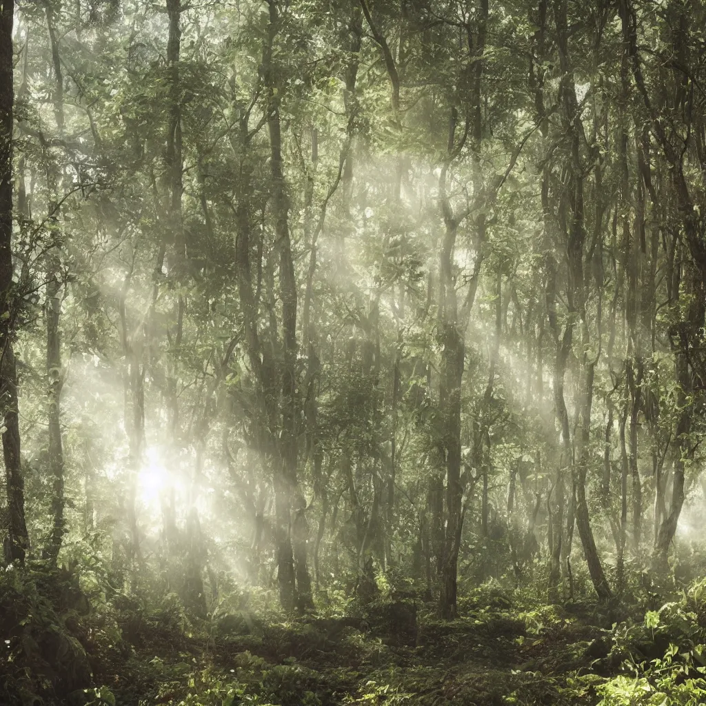 Image similar to An incredibly diverse forest, the light shoots through the trees from the sun, a walking path through the side, in the style of Hayao Miyazaki