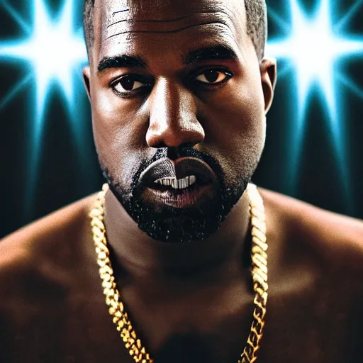 Image similar to Portrait of Kanye West as a god, splash art, cinematic lighting, dramatic, octane render, long lens, shallow depth of field, bokeh, anamorphic lens flare, 8k, hyper detailed, 35mm film grain