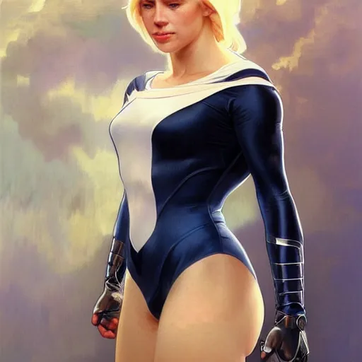 Prompt: a beautiful portrait of a beautiful strong cute young superhero woman, shoulder - length blonde hair, tight solid matte navy blue lycra bodysuit, white cape, body, muscles, intricate, elegant, 8 k, highly detailed, digital painting, concept art, smooth, sharp focus, illustration, by artgerm greg rutkowski alphonse mucha loish wlop