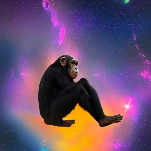 Image similar to A chimpanzee floating through outer-space, reaching out and touching a nebula with its finger, digital art, 8k