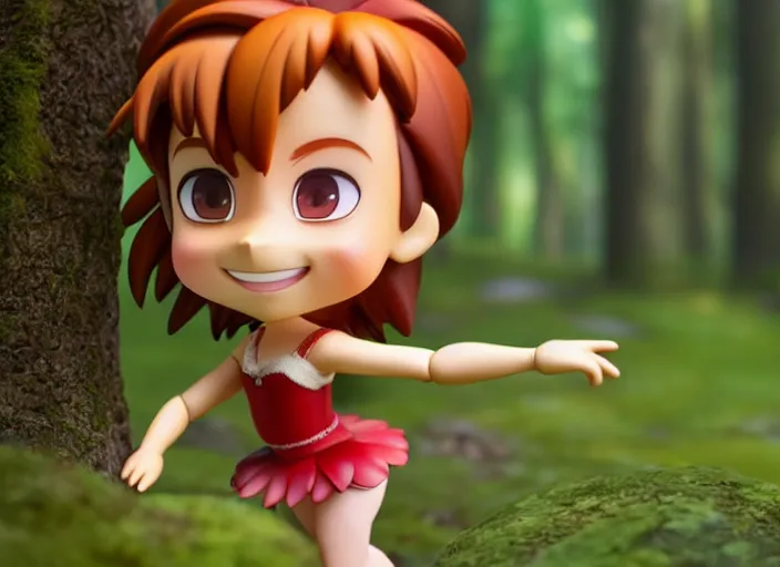 Prompt: redhead prima ballerina as nendoroid walking in a forest in the croods movie style, anime, disney, pixar, 8 k, hd, dof, kodak film, volumetric lighting, subsurface scattering, photorealistic, octane render, details