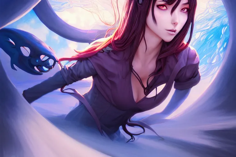 Image similar to surrealistic summoner girl fighting against surrealistic creatures, occlusion shadow, specular reflection, rim light, unreal engine, artgerm, artstation, art by hiroaki samura and ilya kuvshinov and ossdraws, intricate, highly detailed 8 k, fantasy illustration, extremely beautiful and aesthetic shape of face and clothes, movie poster