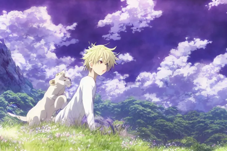 Image similar to a vast scene, panorama distant view, anime art full body portrait character concept art, hyper detailed scene render of a boy and white lion, anime key visual of violet evergarden, finely detailed perfect face delicate features directed gaze, in the white clouds fairyland, trending on pixiv fanbox, violet evergarden, studio ghibli, james jean, extremely high quality artwork