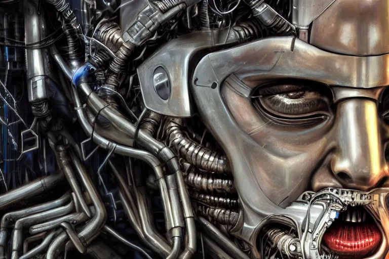 Prompt: an extremely high quality hd, a digital painting of a man's face surrounded by mechanical parts, cyberpunk art by h. r. ( hans ruedi ) giger, featured on cgsociety, afrofuturism, circuitry, tesseract, dystopian art, 8 k, ultra realistic, very realistic