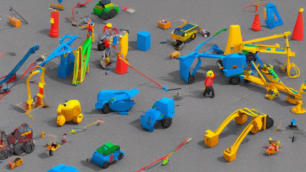 Prompt: a toy construction site, concept art, 3d render, low angle photo