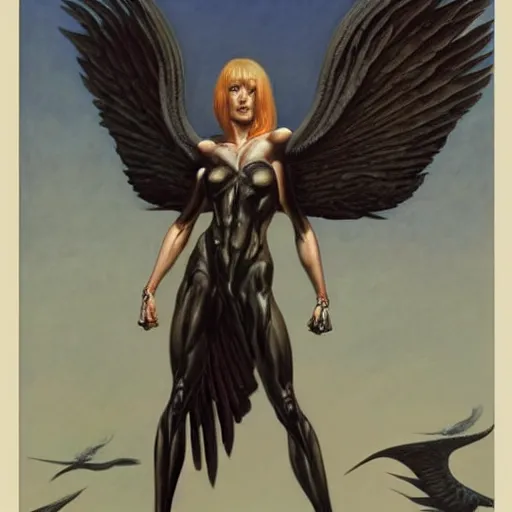 Prompt: portrait of a woman with long, muscular legs, short torso, and wings, by Gerald Brom