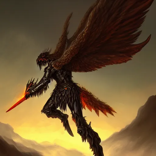 Image similar to painting of a fallen angel paladin with big burnt wings reaching the summit of a haunted mountain, sharp focus, award - winning, trending on artstation, masterpiece, highly detailed, intricate. art by johannes voss