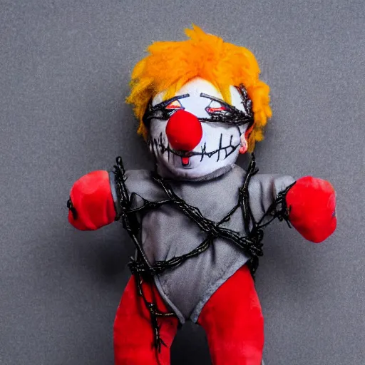 Image similar to freaky scary clown plush wrapped in barbed wire and networking cables against a dark grey silk backdrop