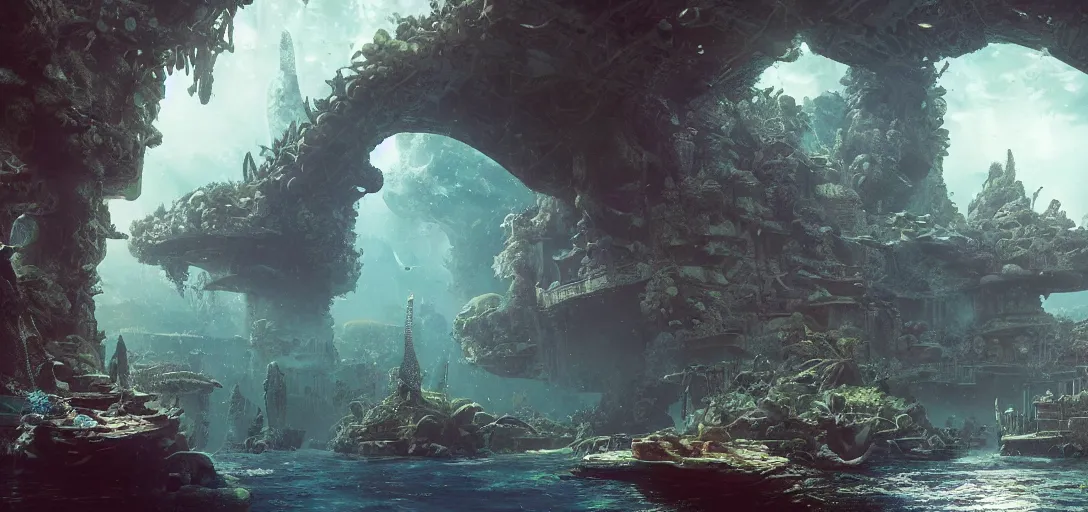 Prompt: lost City of atlantis, Wale, coral reefs, 🏛 Architektur, dramatic lighting, cinematic, establishing shot, extremly high detail, photo realistic, cinematic lighting, post processed, concept art, artstation, matte painting, style by eddie mendoza, raphael lacoste, alex ross