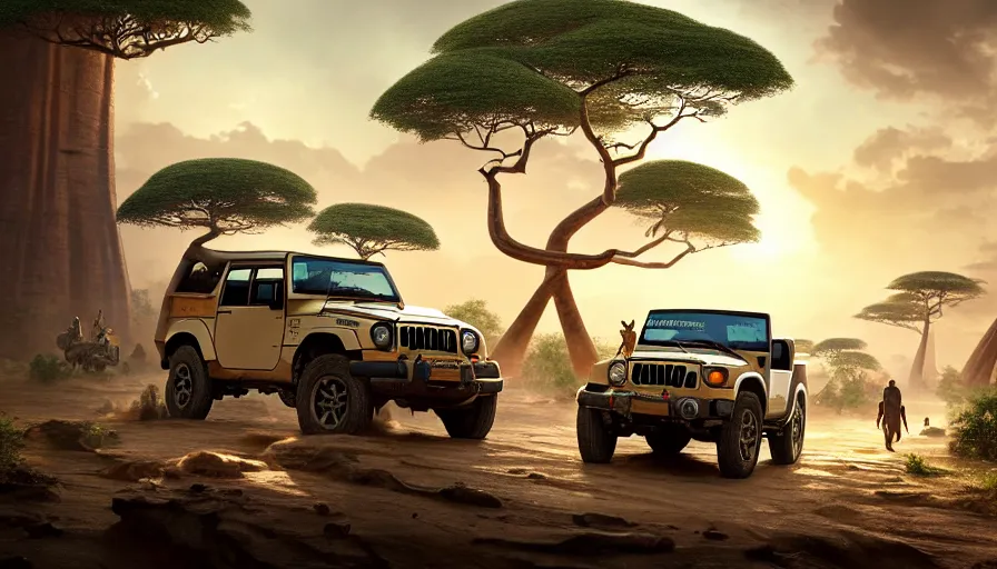 Image similar to mahindra thar driving through madagascar with baobabs trees, tribe members chasing for an attach, action scene, an epic fantasy, artgerm and greg rutkowski and alphonse mucha, an epic fantasy, volumetric light, detailed, establishing shot, an epic fantasy, cinematic, photorealistic, ultrarealistic, trending on art station, octane render, midsommar