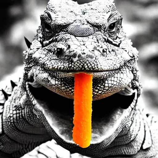 Image similar to “ a muscular komodo dragon, eating orange popsicle, in the style of baz luhrmann, romeo and juliet, hyper realistic, cinematic. ”