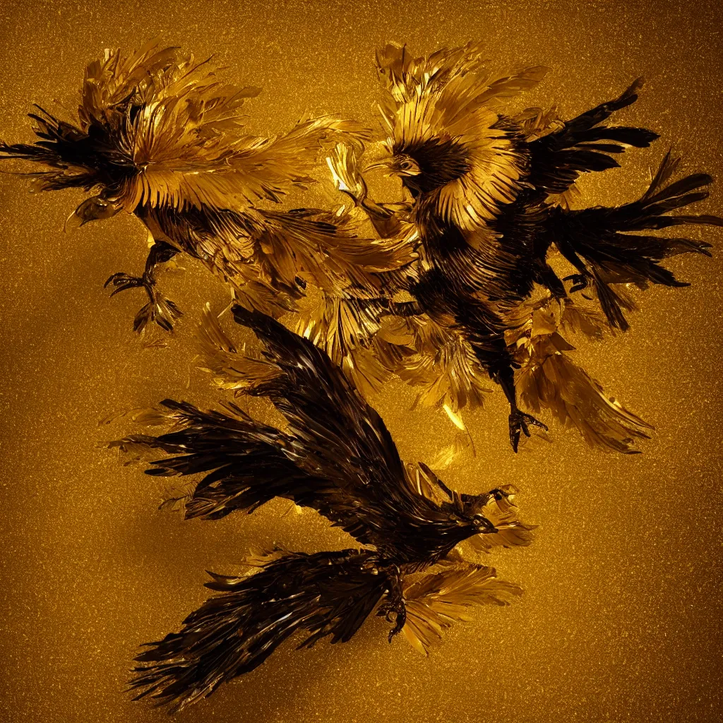 Image similar to golden Raven with feathers made of gold leaf, losing feathers, dark forest, light leaks, octane render, dramatic action shot