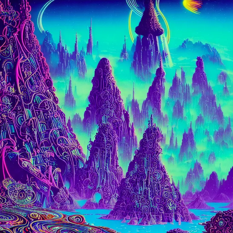 Image similar to mysterious rocket hovers over mythical crystal temple, psychedelic waves, synthwave, bright neon colors, highly detailed, cinematic, eyvind earle, tim white, philippe druillet, roger dean, ernst haeckel, lisa frank, aubrey beardsley