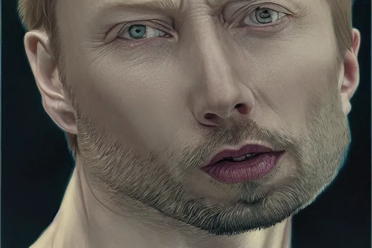 Image similar to hyper realistic portrait of thom yorke mixed with tilda swildon, bigger forehead, bigger chin, from the side, by lee bermejo, alphonse mucha and greg rutkowski