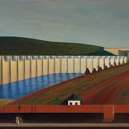 Image similar to hydroelectric dam, turbines, spillway, fish ladder, grant wood, pj crook, edward hopper, oil on canvas