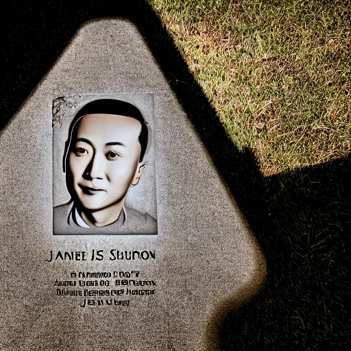 Image similar to a headstone with justin sun hologram, by annie leibovitz, shallow depth of field, cinematic lighting, dystopian futurism