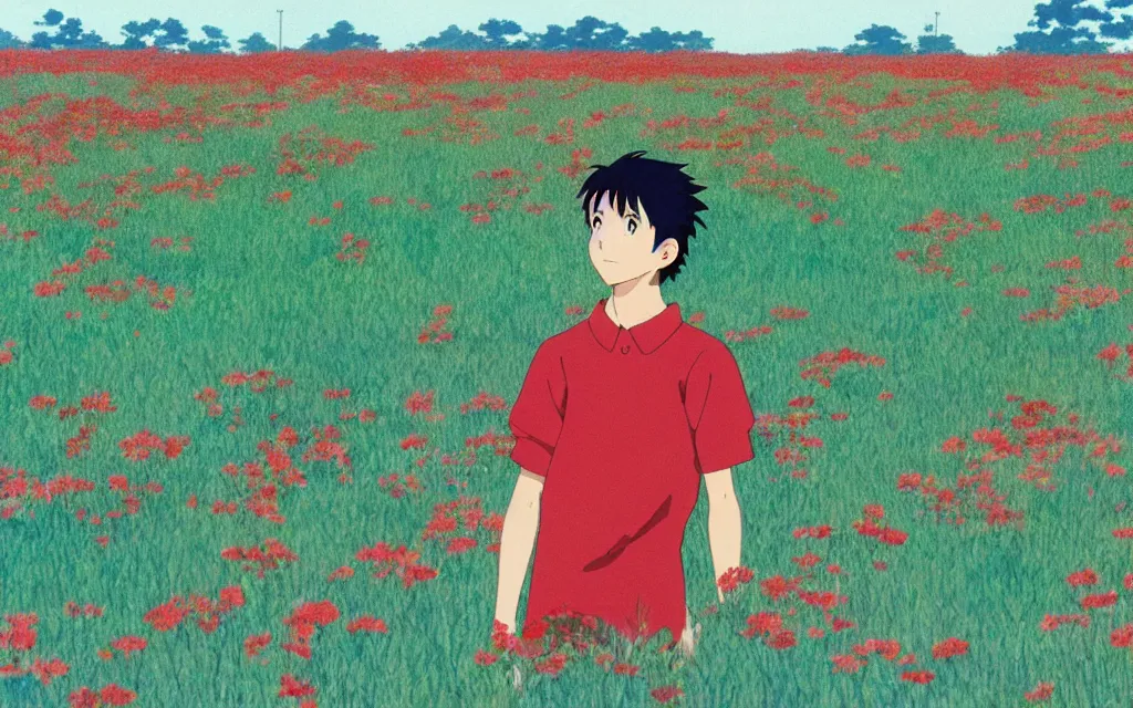 Prompt: a boy wearing a red sport jersey day dreaming on a field of flower, beautiful bright blue sky. 35mm film. makoto shinkai, studio ghibli.