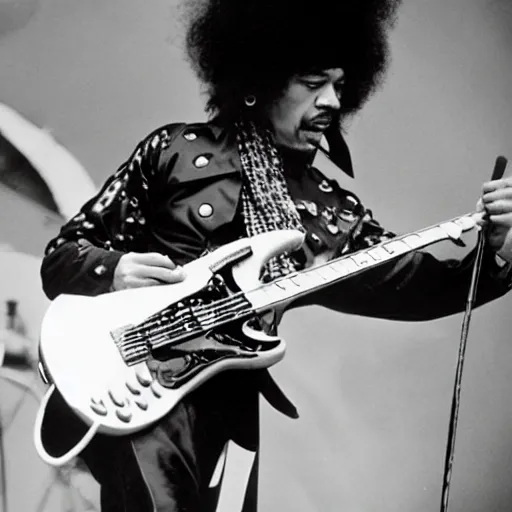 Prompt: Jimi Hendrix playing a hotdog-guitar on stage at the Budokan