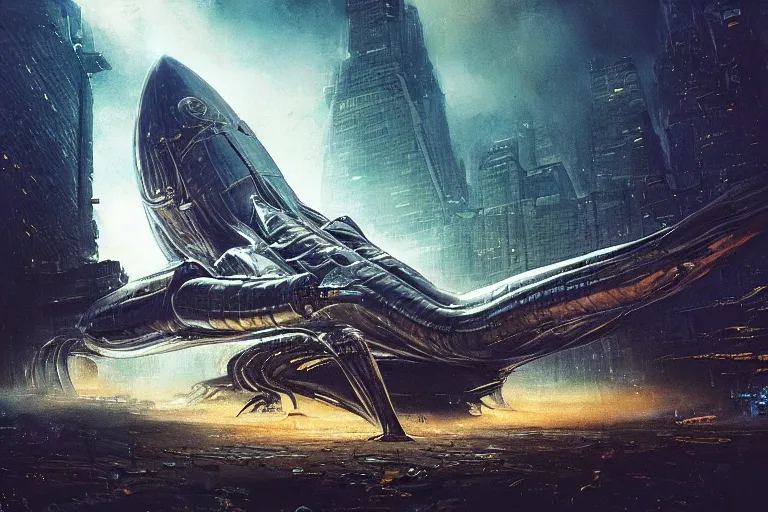 Prompt: low angle of a large shiny extraterrestrial spaceship on the ground in new york city, in the style of frank frazetta and h. r. giger, ultra realistic, atmosphere, glow, detailed, intricate, colorful, cinematic lighting, trending on artstation, 4 k, hyper - realistic, immersed, extreme details, cinematic, masterpiece