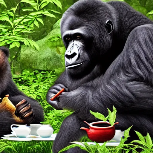 Image similar to bear and gorilla having a tea party in the middle of the woods, hyper realistic, 4 k, hd, highly detailed