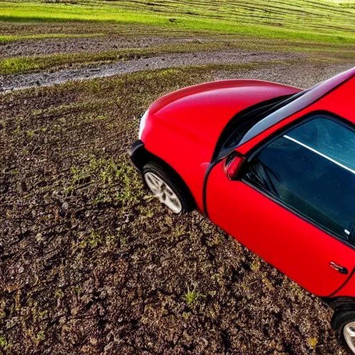 Prompt: award winning photo of a mole driving a red off road car through a field