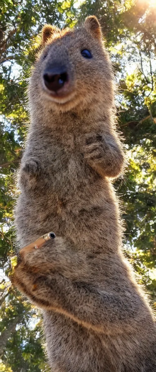 Prompt: happy quokka taking a selfie and smoking a joint, golden hour, ultra realistic