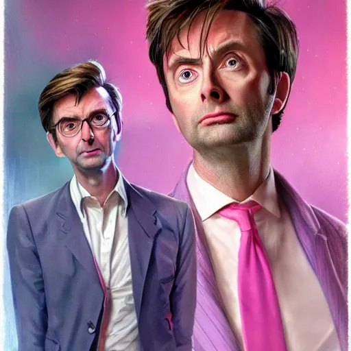 Image similar to david tennant as tenth doctor who and donald trump in pink clothes in tardis, highly detailed, artstation, concept art, fantasy, smooth, sharp focus, illustration, perfect face, art by nikolay makovsky, jacek malczewski, arthur hughes, edward okun, franz xaver winterhalter