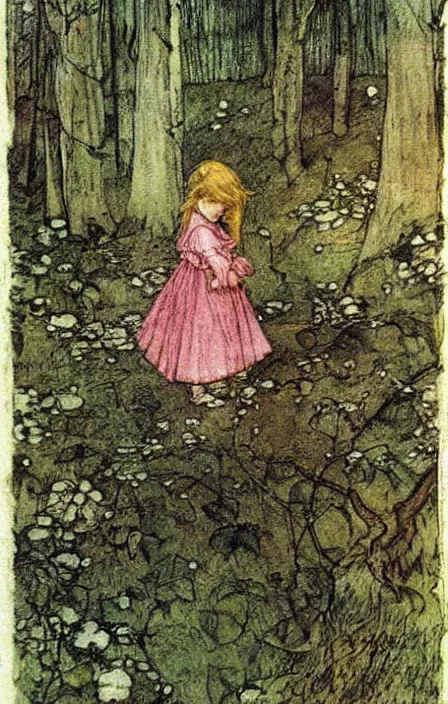 Image similar to little girl in the fairy woods by carl larsson, arthur rackham