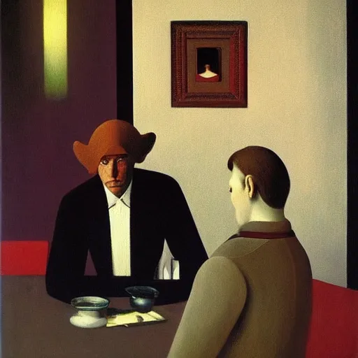 Prompt: a demon takes you out for a nice dinner by Raphael, Hopper, and Rene Magritte. detailed, romantic, enchanting, trending on artstation.