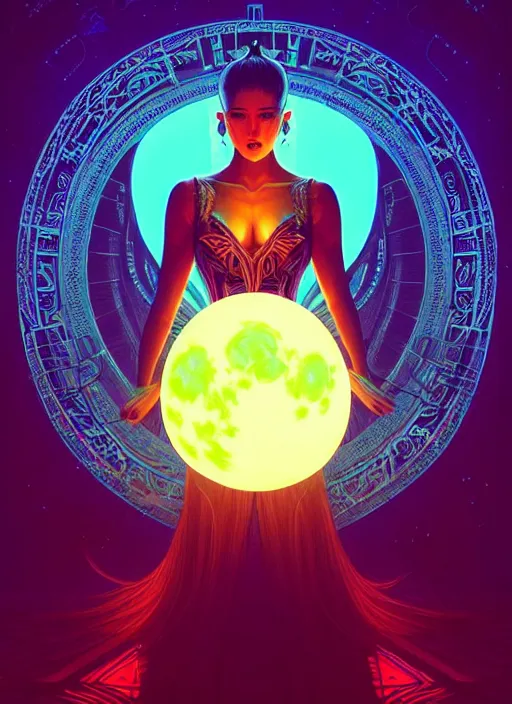 Image similar to high vector, neon lighting, book cover!!!!!!!!!!!!, warrior princess, large moon, light night, intricate, elegant, sharp focus, illustration, highly detailed, digital painting, concept art, matte, art by wlop and artgerm and ivan shishkin and andrey shishkin, masterpiece