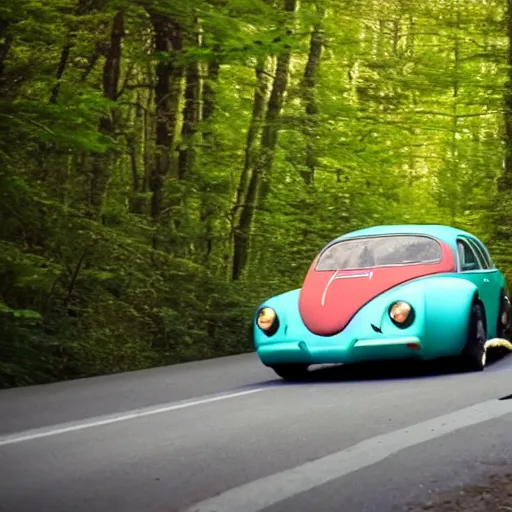 Prompt: promotional scifi - mystery movie scene of a big ladybug ( volkswagen beatle ) hybrid that's more ladybug, racing down a dusty back - road in smokey mountains tennessee. cinematic, 4 k, imax, 7 0 mm, teal autochrome, hdr