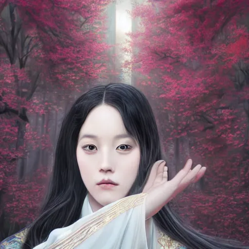 Image similar to a portrait of a young beautiful prince, golden eyes, long black hair, white hanfu, elegant, intricate, backlit, incredible lighting, strong rim light, subsurface scattering, photorealistic, epic beautiful landscape, cherry trees, highly detailed, digital painting, by Heise Jinyao, Heise-Lian Yan Fang, Feimo, Rossdraws, HDRI, vivid colors, high contrast, 8k