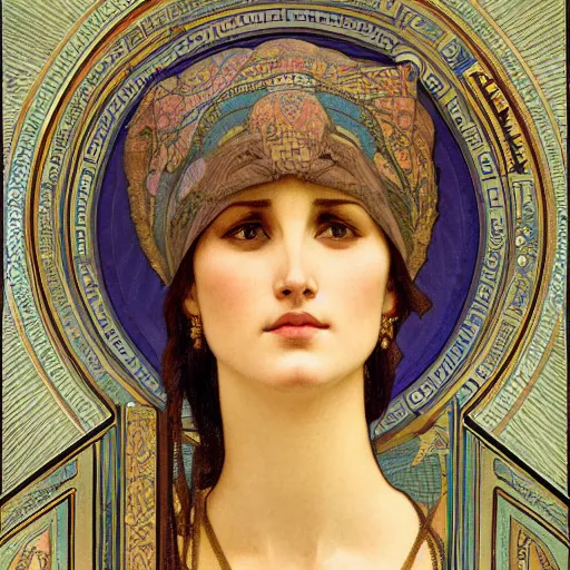 Image similar to a beautiful portrait of a woman inspired by the ishtar gate in ancient babylon. highly detailed face. art by alphonse mucha
