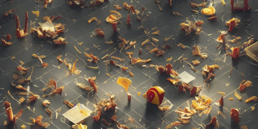 Prompt: Infinite McDonalds, non-euclidean space, french fries littering the floor as far as the eye can see, 4k, cozy wallpaper, trending on Artstation, award-winning, art by Greg Rutkowski