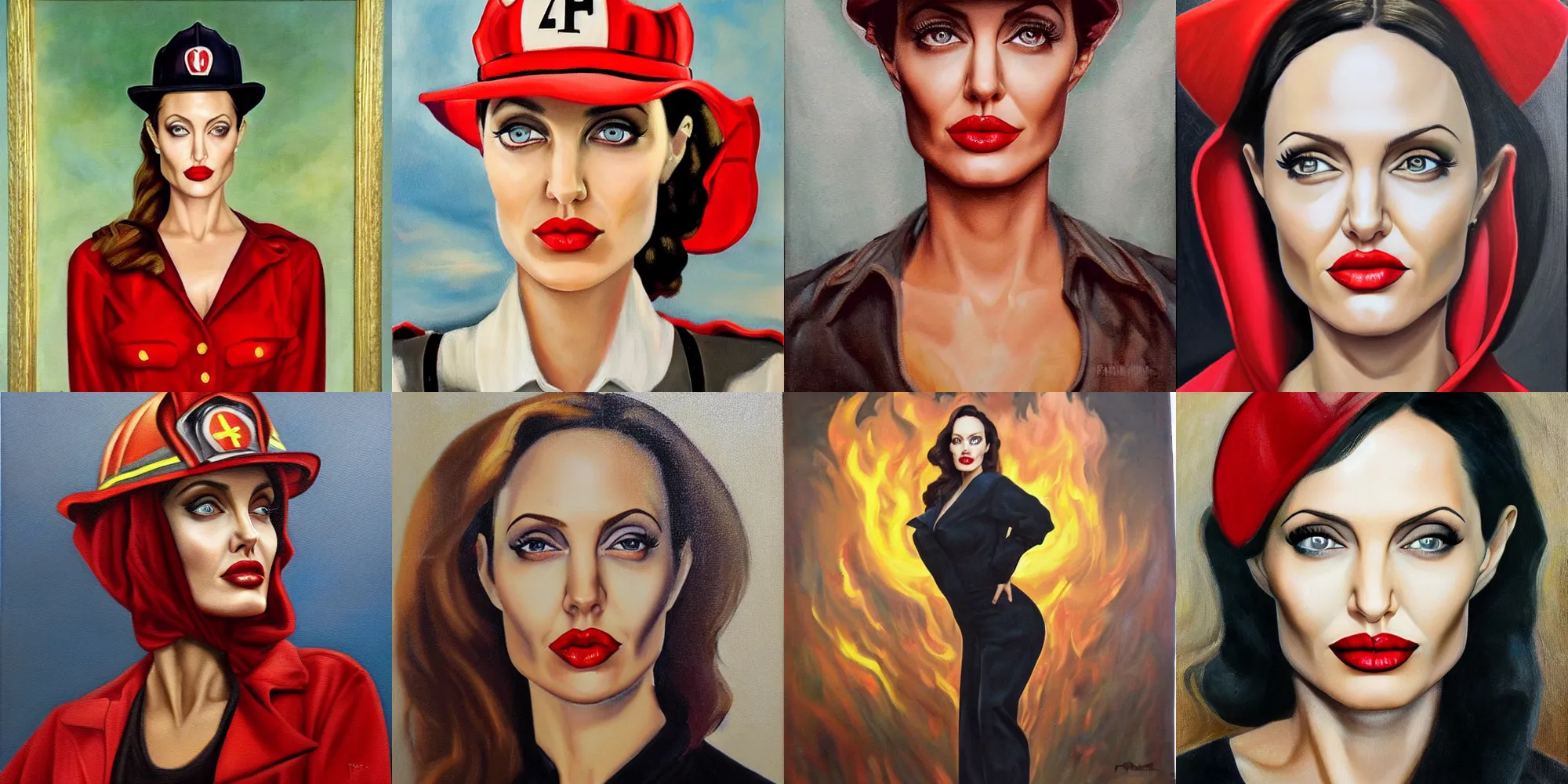 Prompt: symmetrical oil painting portrait angelina jolie in firefighter fireman costume by percevel rockwell - from 1 9 4 0 s