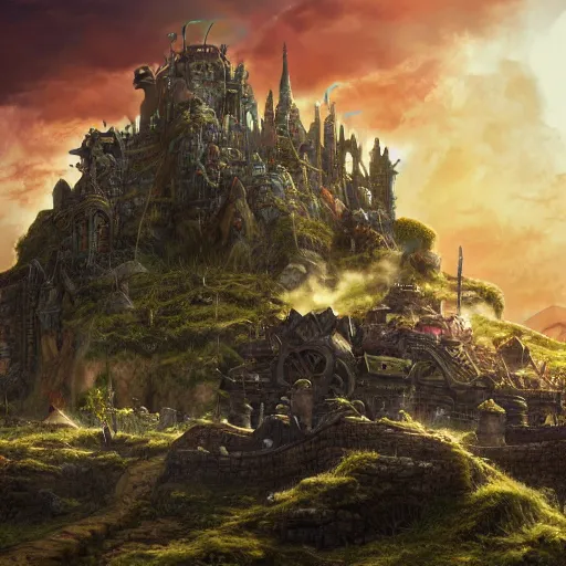 Image similar to large fantasy castle sitting on the top of a giant tortoise, stomping through a harsh wasteland with sharp rays of sunlight, howls moving castle, mortal engines, kaiju, distant - mid - shot, isometric angle, fantasy, hyper detailed, 4 k