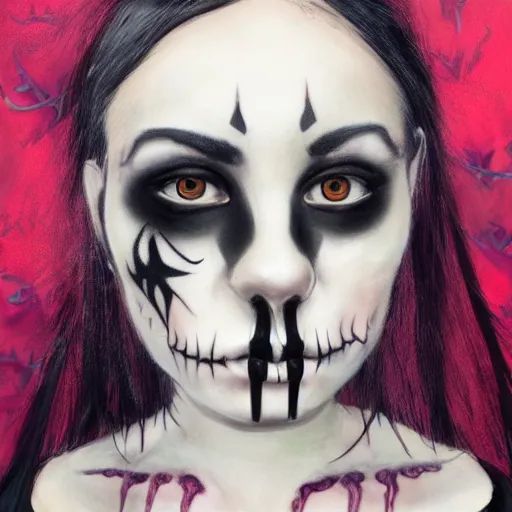 Prompt: A portrait of the character, Death, a young Goth girl with an elaborate facial tattoo