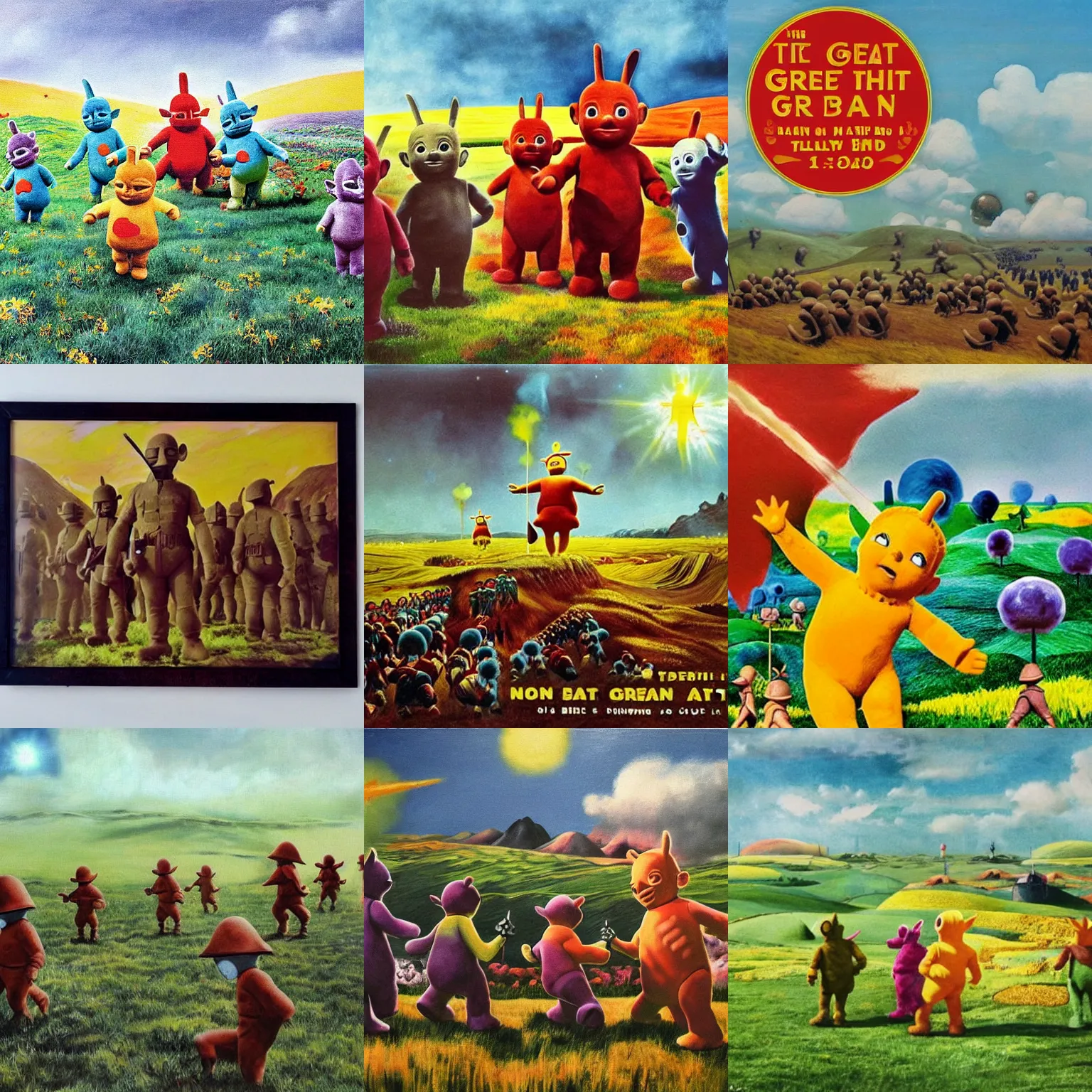 Prompt: the great war, painting, no man's land, teletubbies in battle