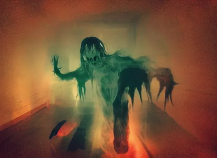 Image similar to horror demon evil transparent spirit attacks in living room interior coloured photo close shot on iphone, dynamic pose, sharp focus, grainy, corpse, paranormal, long exposure, flashlight, night, total darkness, poltergeist, aberrations,