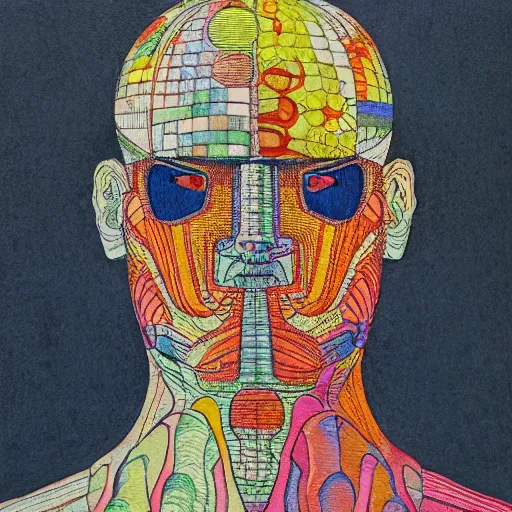 Prompt: portrait of a cyborg in the style of audrey kawasaki, draped in ornate patterned curtains, by kazimir malevich, zdzislaw beksinski, georgia o'keeffe, ink and crayon on paper, wires, metal panels