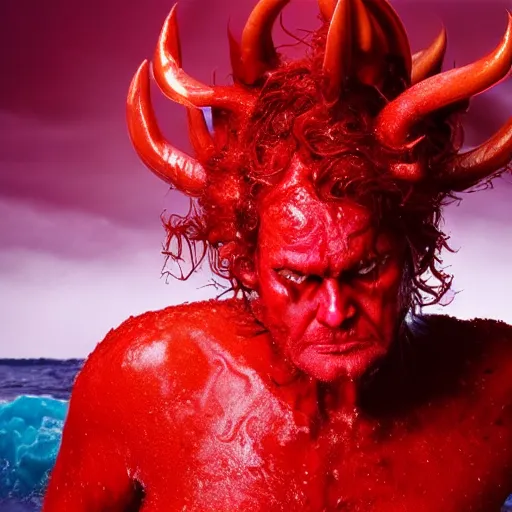 Image similar to a devilish red monster with horns emerging from boiling rough seas, close - up portrait photo by david lachapelle, masterpiece, trending on flickr