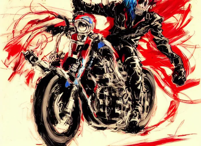 Image similar to anime key visual concept art of marvel ghost rider, riding a red akira motorcycle, by ashley wood, yoji shinkawa, jamie hewlett, 6 0's french movie poster, french impressionism, vivid colors, palette knife and brush strokes, style of kawacy and makoto shinkai and greg rutkowski