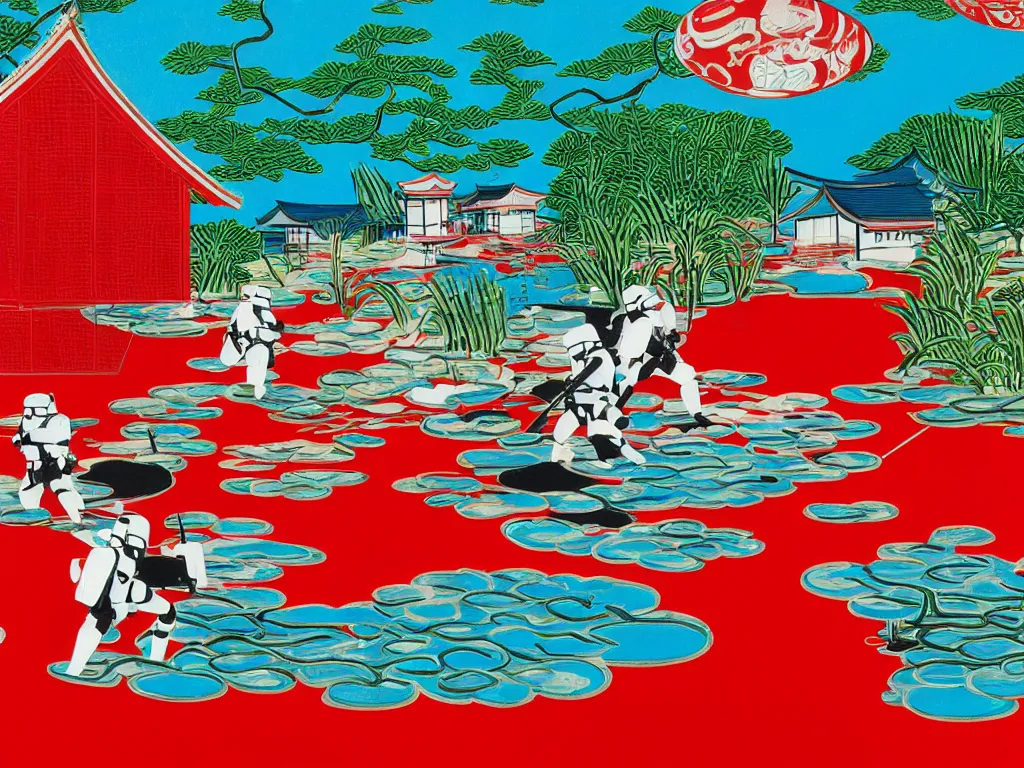 Prompt: close - up image of a japanese red house with a pond, with stormtroopers sitting around it, a combination of pop - art and traditional japanese painting styles, the style of andy warhol, roy lichtenstein and jackie tsai, bright palette, acrylic on canvas