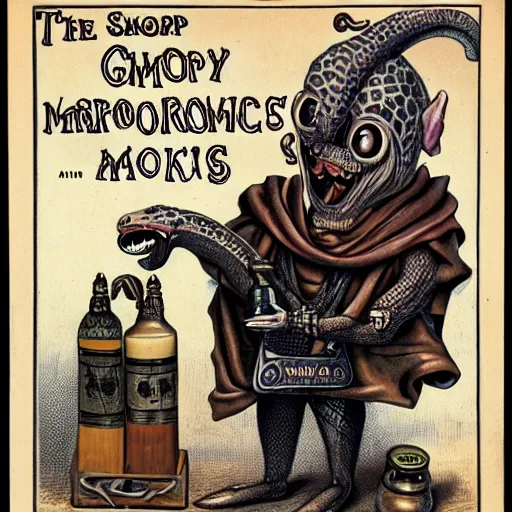 Prompt: a grinning anthropomorphic snake selling bottles of medicine, fantasy, steampunk, hr giger