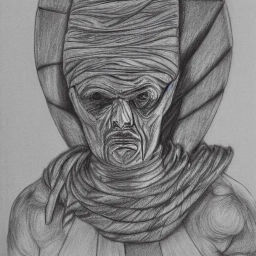 Prompt: one mummy touches head of warrior, pencil drawing