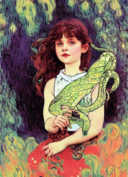 Image similar to an art nouveau copic maker illustration of a russian young girl holding a snake by kilian eng, monet and norman rockwell