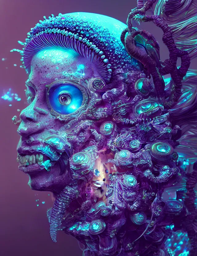 Image similar to goddess macro close - up portrait in crown made of ram skull. betta fish, jellyfish phoenix, bioluminiscent, plasma, ice, water, wind, creature, super intricate ornaments artwork by tooth wu and wlop and beeple and greg rutkowski