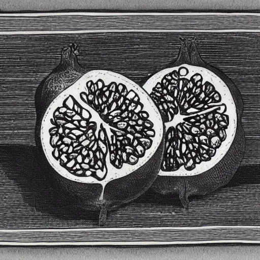 Prompt: a line drawing of two pomegranates, one is split open, and there are pomegranate leaves