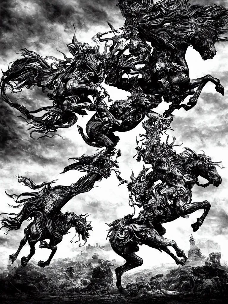 Image similar to black and white detailled illustration of death riding a pale horse over a wasteland in the style of yoshitaka amano