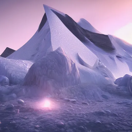 Image similar to ice mountains and meteor in the background foggy award winning, trending on artstation, unreal engine
